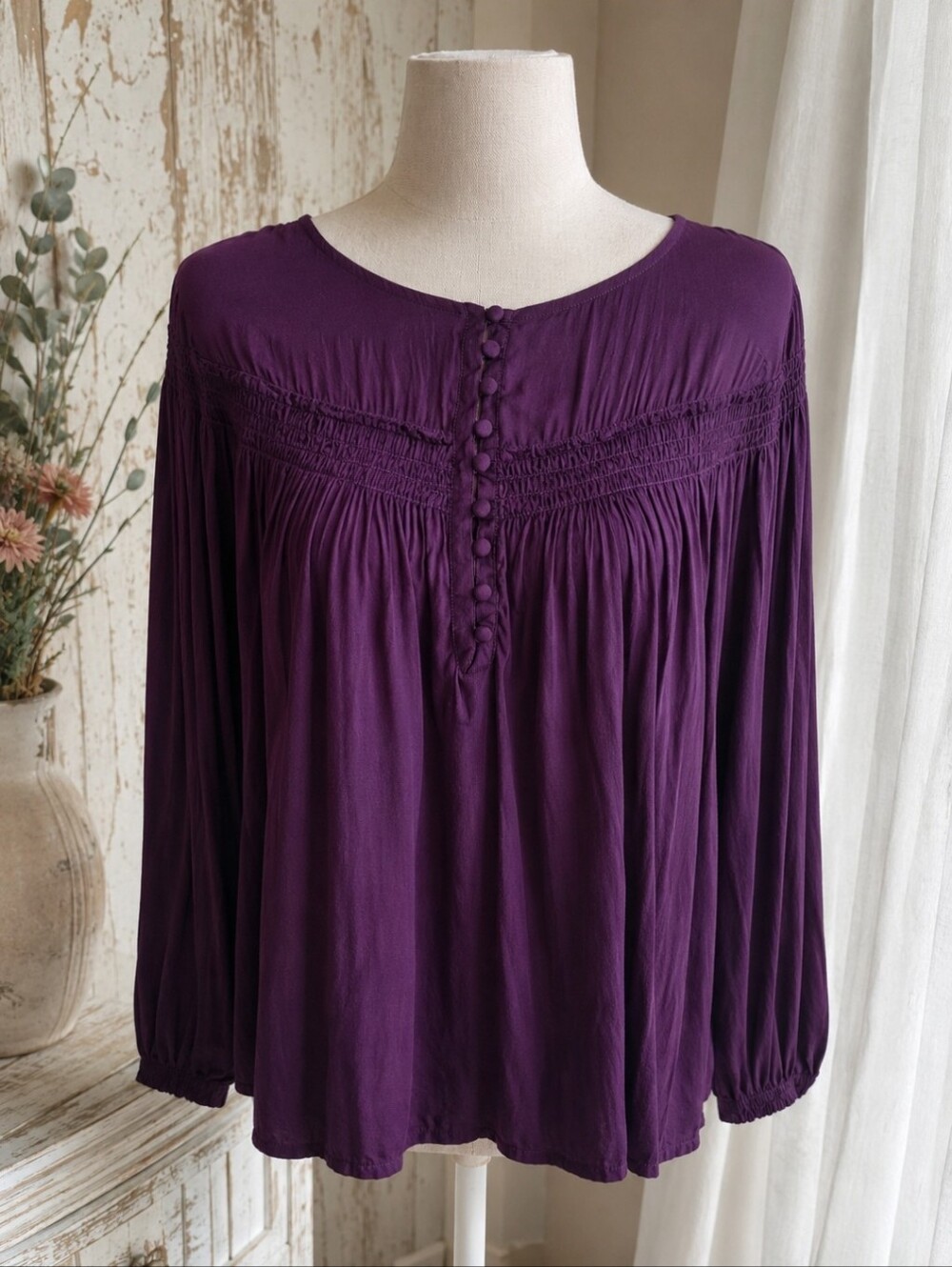 LOFT ~ Plum Peasant Blouse | Flowy Long Sleeve Top | XL